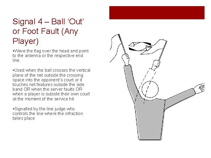 Signal 4 – Ball ‘Out’ or Foot Fault (Any Player) • Wave the flag