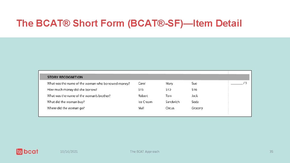 The BCAT® Short Form (BCAT®-SF)—Item Detail 10/16/2021 The BCAT Approach 35 