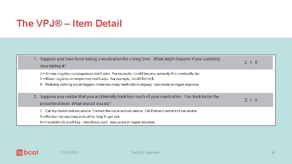 The VPJ® – Item Detail 10/16/2021 The BCAT Approach 54 