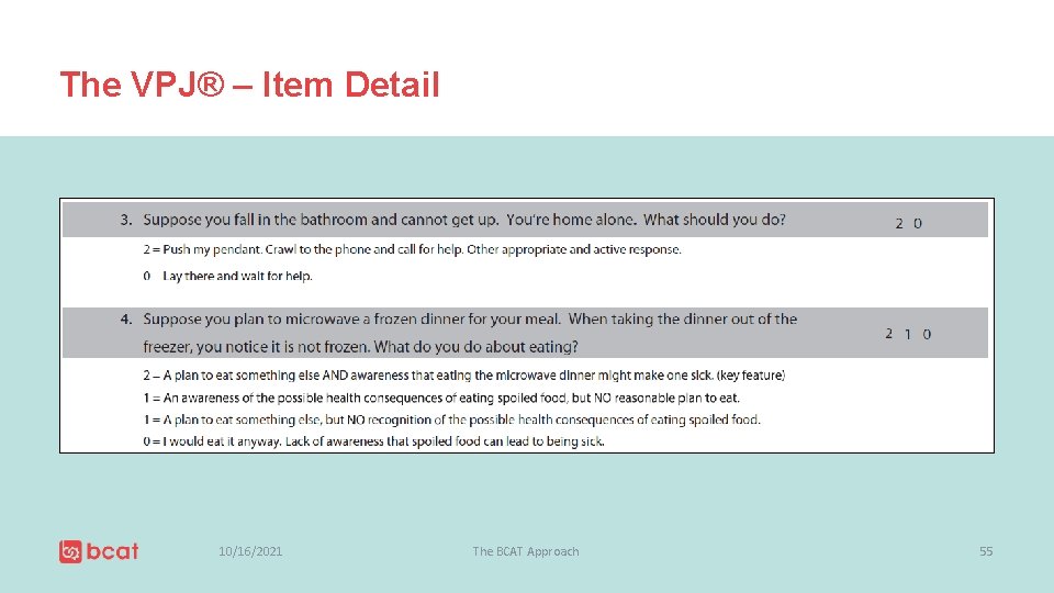 The VPJ® – Item Detail 10/16/2021 The BCAT Approach 55 