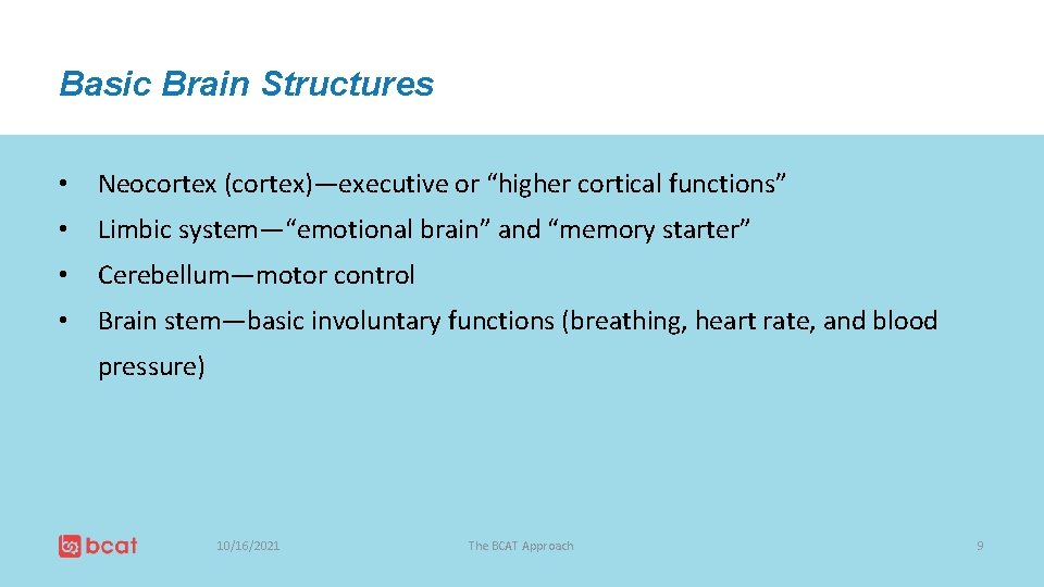 Basic Brain Structures • Neocortex (cortex)—executive or “higher cortical functions” • Limbic system—“emotional brain”
