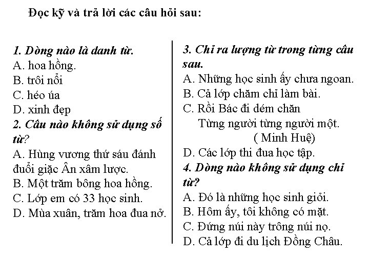 Đọc kỹ và trả lời các câu hỏi sau: 1. Dòng nào là danh