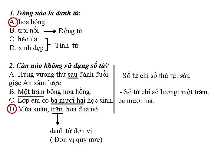 1. Dòng nào là danh từ. A. hoa hồng. B. trôi nổi Động từ