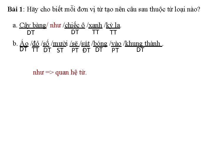 Bài 1: Hãy cho biết mỗi đơn vị từ tạo nên câu sau thuộc