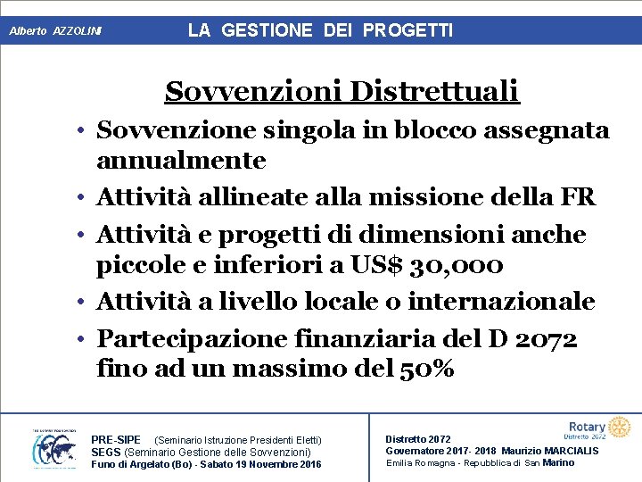 Alberto AZZOLINI LA GESTIONE DEI PROGETTI Sovvenzioni Distrettuali • Sovvenzione singola in blocco assegnata