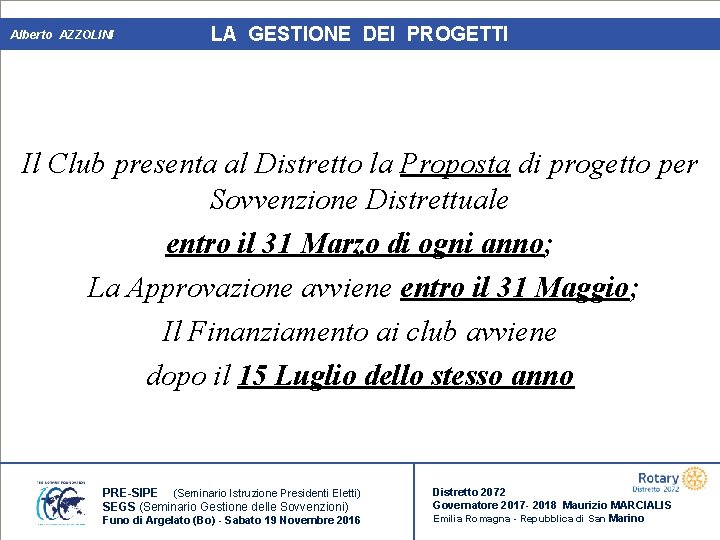 Alberto AZZOLINI LA GESTIONE DEI PROGETTI Il Club presenta al Distretto la Proposta di