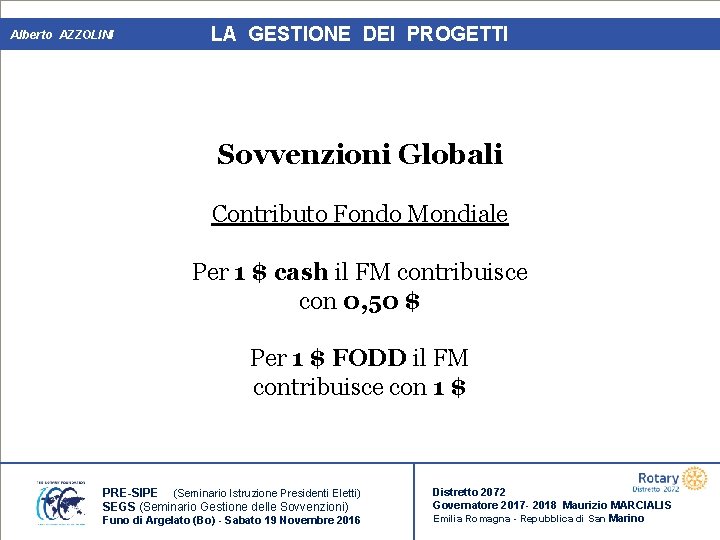 Alberto AZZOLINI LA GESTIONE DEI PROGETTI Sovvenzioni Globali Contributo Fondo Mondiale Per 1 $