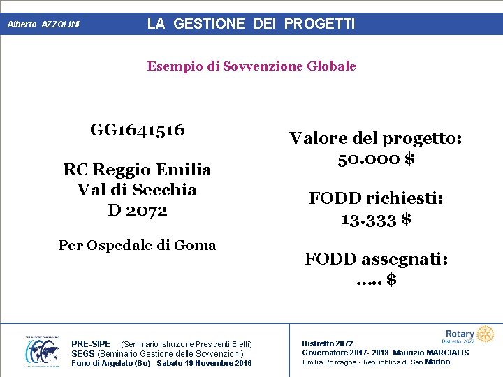 Alberto AZZOLINI LA GESTIONE DEI PROGETTI Esempio di Sovvenzione Globale GG 1641516 Valore del