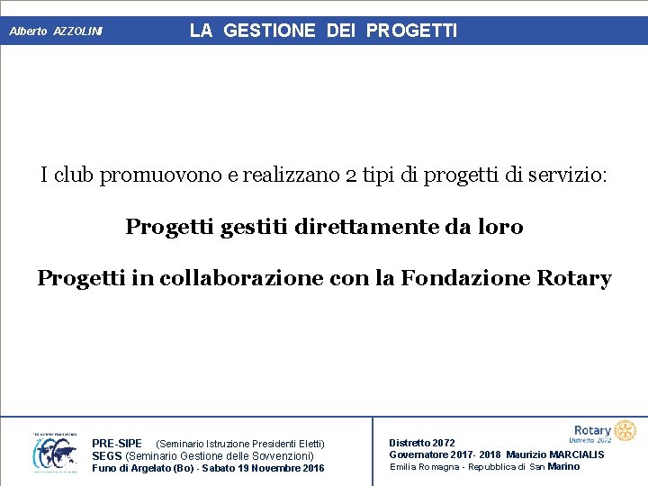 Alberto AZZOLINI LA GESTIONE DEI PROGETTI I club promuovono e realizzano 2 tipi di