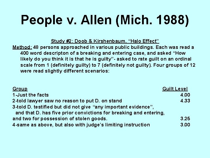 People v. Allen (Mich. 1988) Study #2: Doob & Kirshenbaum, “Halo Effect” Method: 48