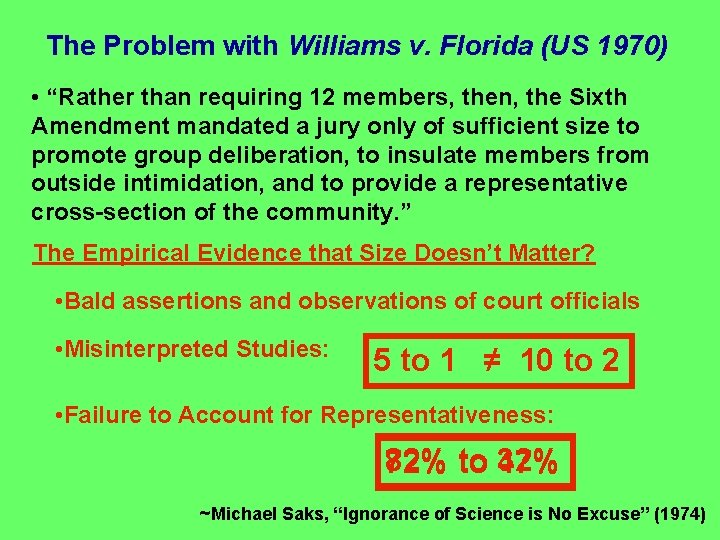 The Problem with Williams v. Florida (US 1970) • “Rather than requiring 12 members,