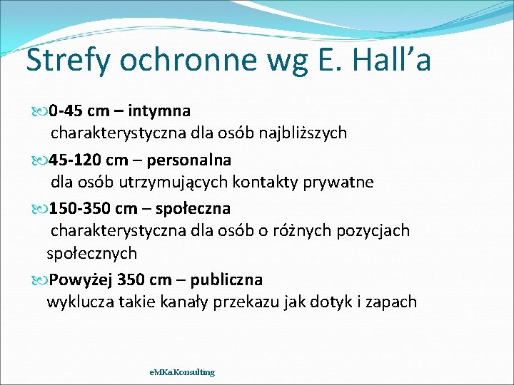 Strefy ochronne wg E. Hall’a 0 -45 cm – intymna charakterystyczna dla osób najbliższych