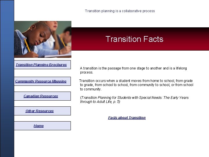 Transition planning is a collaborative process Transition Facts Transition Planning Brochures Community Resource Mapping