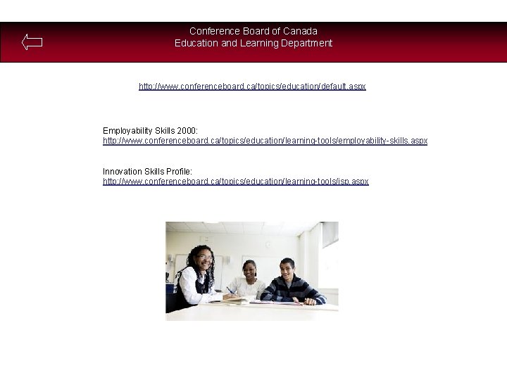 Conference Board of Canada Education and Learning Department http: //www. conferenceboard. ca/topics/education/default. aspx Employability
