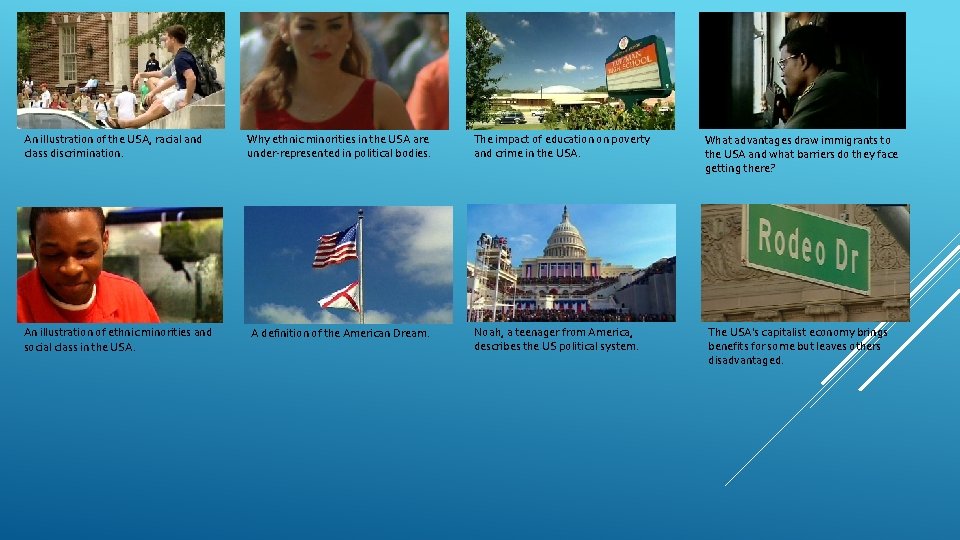 An illustration of the USA, racial and class discrimination. An illustration of ethnic minorities