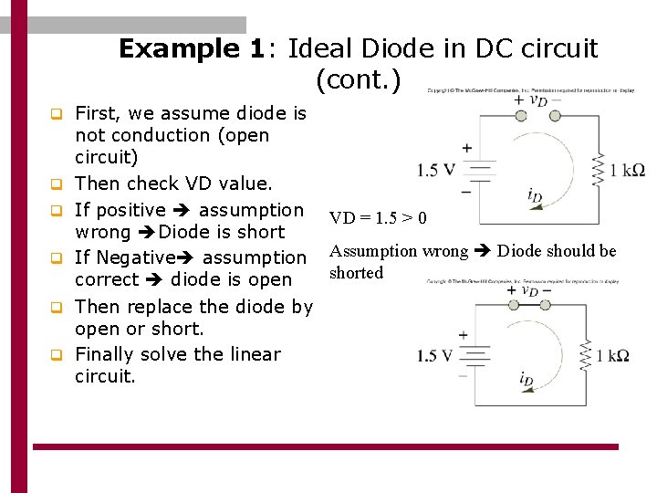 Example 1: Ideal Diode in DC circuit (cont. ) q First, we assume diode