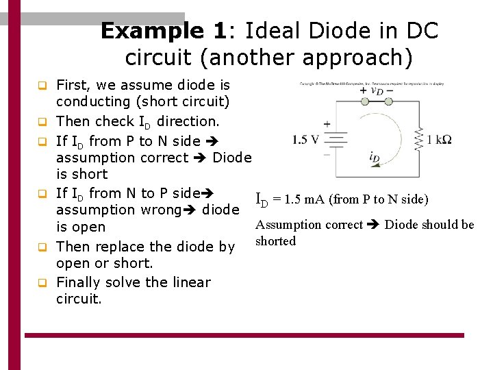 Example 1: Ideal Diode in DC circuit (another approach) q First, we assume diode