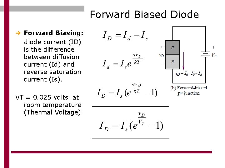Forward Biased Diode Forward Biasing: diode current (ID) is the difference between diffusion current
