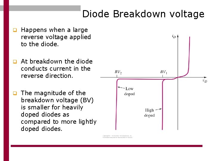 Diode Breakdown voltage q Happens when a large reverse voltage applied to the diode.