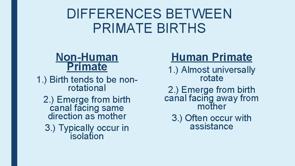 DIFFERENCES BETWEEN PRIMATE BIRTHS Non-Human Primate 1. ) Birth tends to be nonrotational 2.