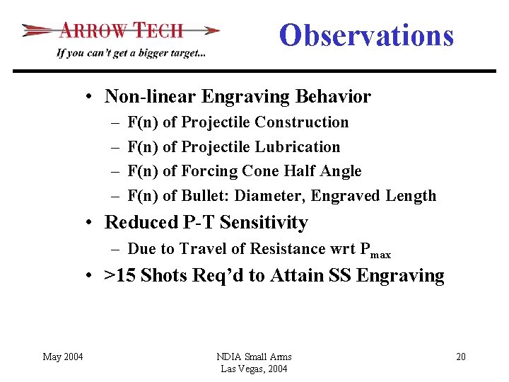 Observations • Non-linear Engraving Behavior – – F(n) of Projectile Construction F(n) of Projectile