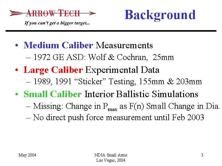 Background • Medium Caliber Measurements – 1972 GE ASD: Wolf & Cochran, 25 mm