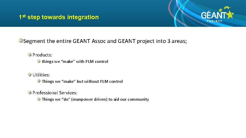 1 st step towards integration Segment the entire GEANT Assoc and GEANT project into