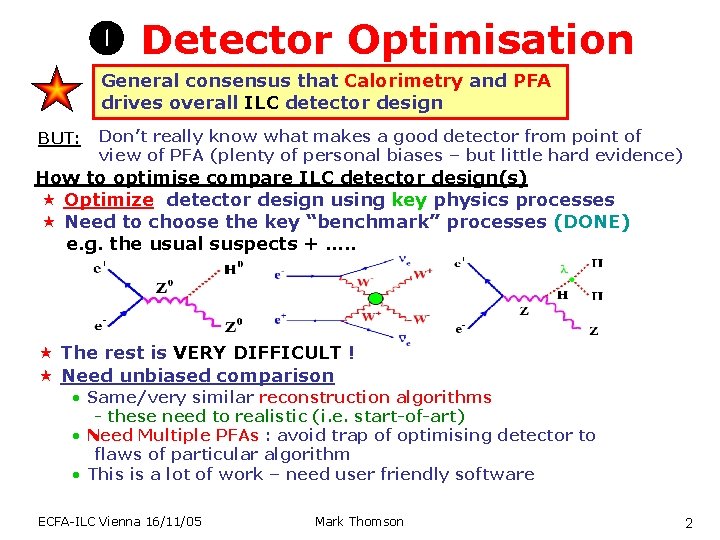 Detector Optimisation General consensus that Calorimetry and PFA drives overall ILC detector design Detector Optimisation General consensus that Calorimetry and PFA drives overall ILC detector design