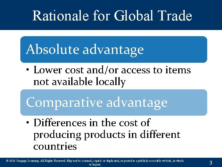 Rationale for Global Trade Absolute advantage • Lower cost and/or access to items not