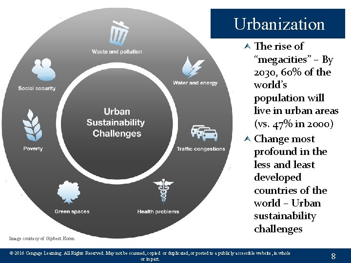 Urbanization The rise of “megacities” – By 2030, 60% of the world’s population will
