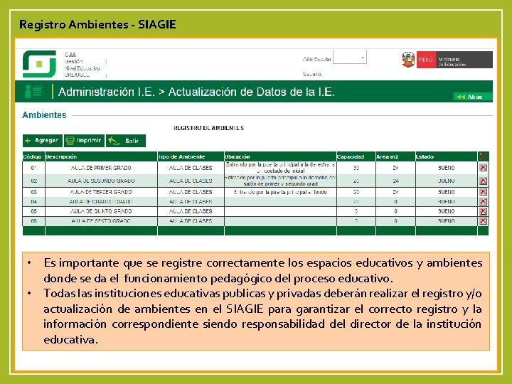 Registro Ambientes - SIAGIE • Es importante que se registre correctamente los espacios educativos