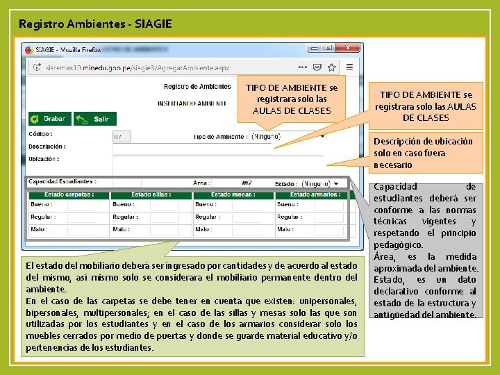 Registro Ambientes - SIAGIE TIPO DE AMBIENTE se registrara solo las AULAS DE CLASES