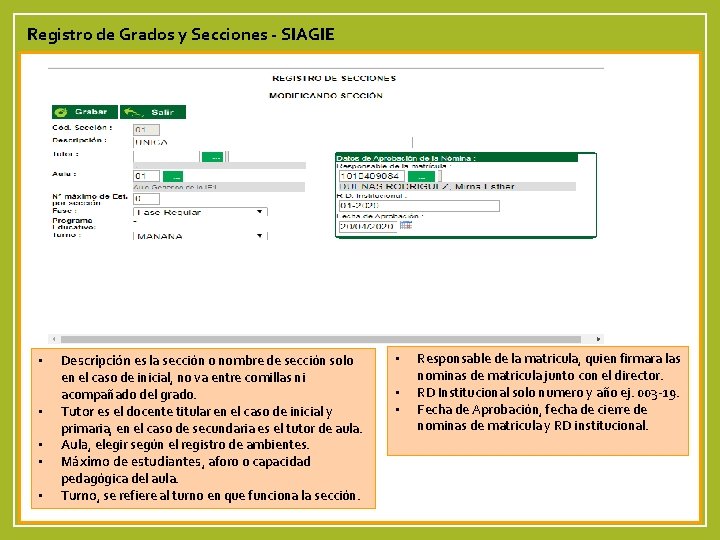 Registro de Grados y Secciones - SIAGIE • • • Responsable de la matricula,