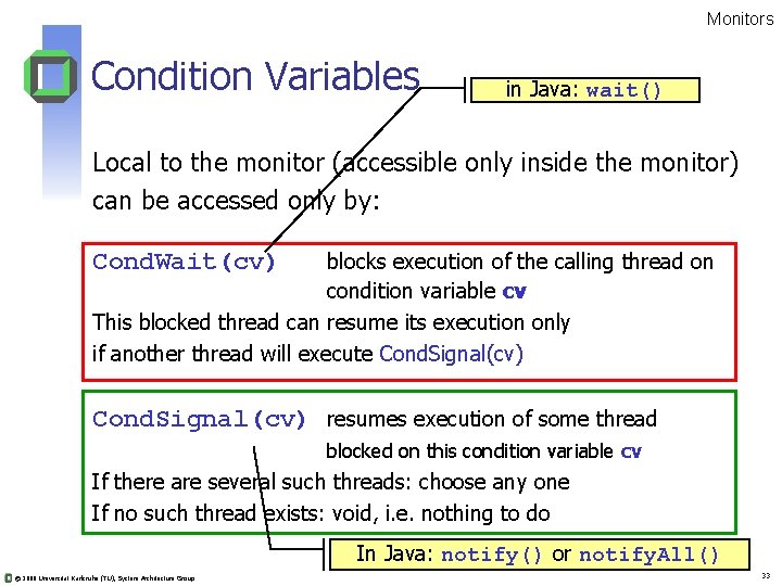 Monitors Condition Variables in Java: wait() Local to the monitor (accessible only inside the