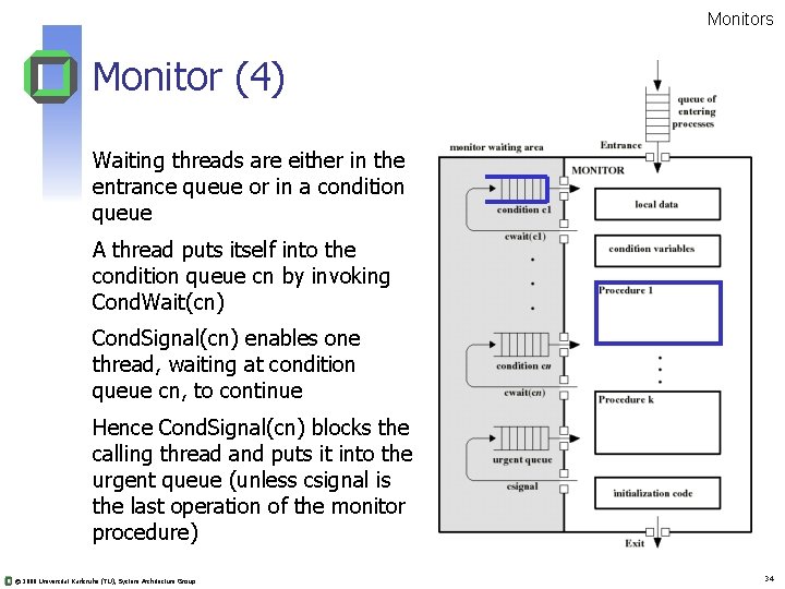 Monitors Monitor (4) Waiting threads are either in the entrance queue or in a