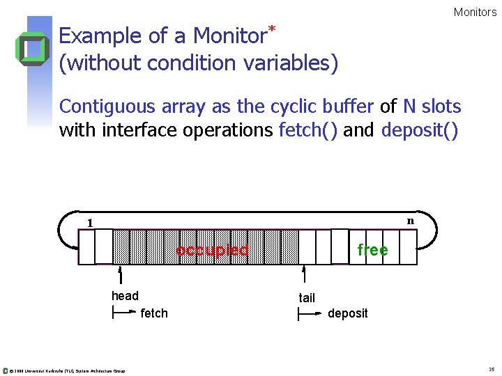 Monitors Example of a Monitor* (without condition variables) Contiguous array as the cyclic buffer