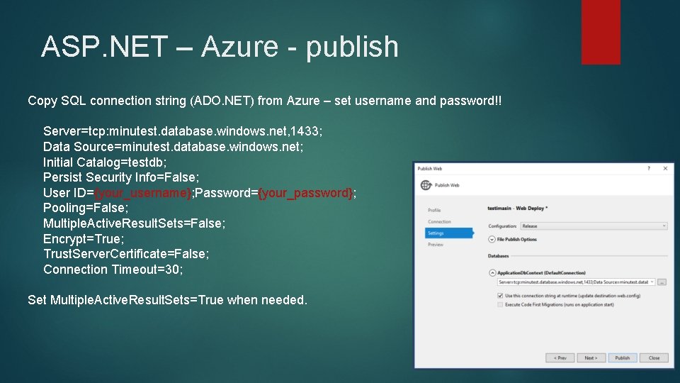 ASP. NET – Azure - publish Copy SQL connection string (ADO. NET) from Azure