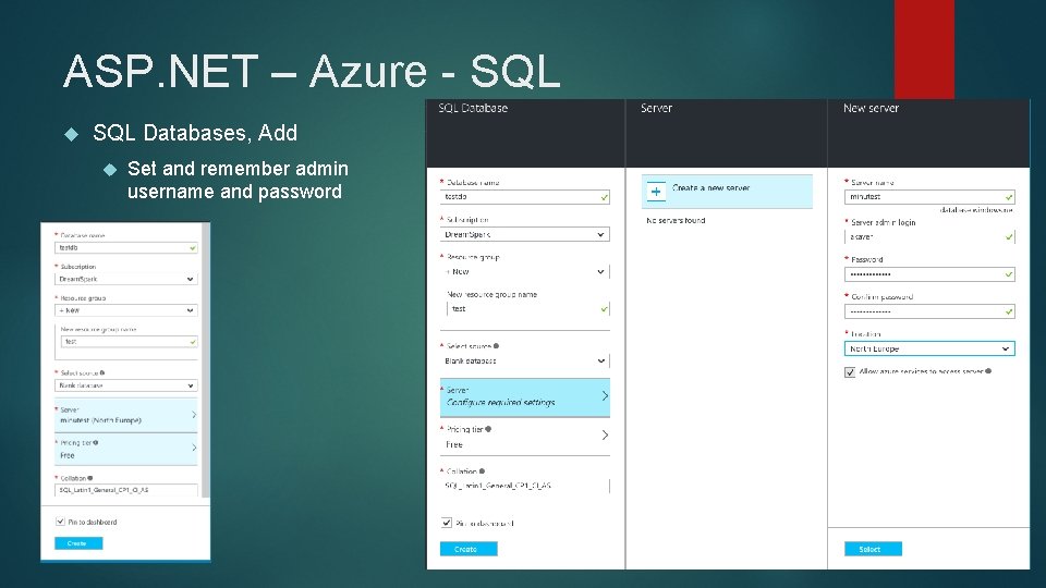 ASP. NET – Azure - SQL Databases, Add Set and remember admin username and