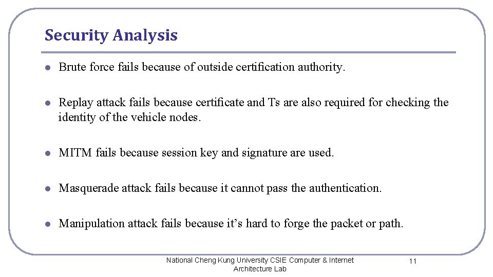 Security Analysis l Brute force fails because of outside certiﬁcation authority. l Replay attack