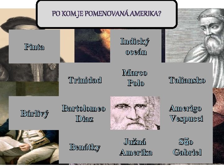 PO KOM JE POMENOVANÁ AMERIKA? Indický oceán Pinta Trinidad Búrlivý Marco Polo Amerigo Vespucci