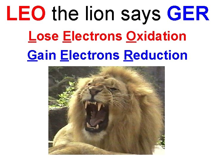 LEO the lion says GER Lose Electrons Oxidation Gain Electrons Reduction 