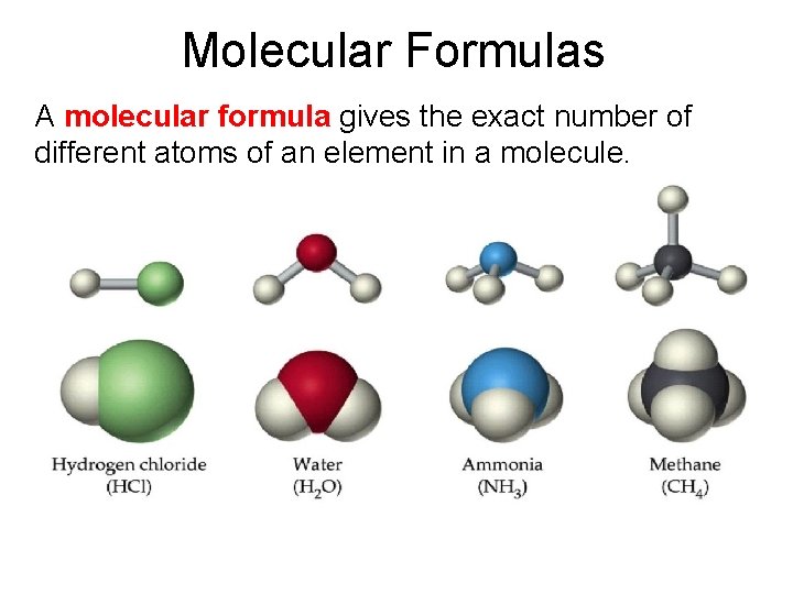 Molecular Formulas A molecular formula gives the exact number of different atoms of an