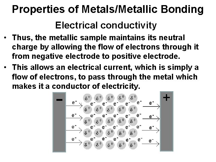 Properties of Metals/Metallic Bonding Electrical conductivity • Thus, the metallic sample maintains its neutral