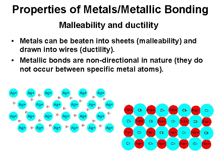 Properties of Metals/Metallic Bonding Malleability and ductility • Metals can be beaten into sheets
