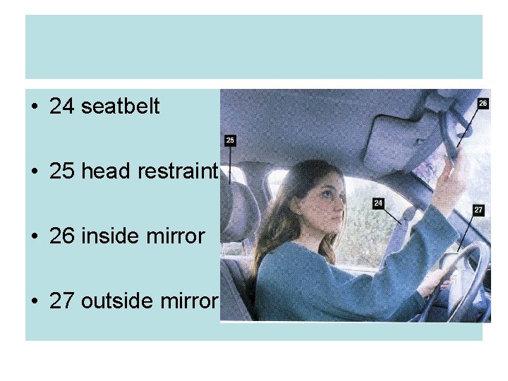  • 24 seatbelt • 25 head restraint • 26 inside mirror • 27