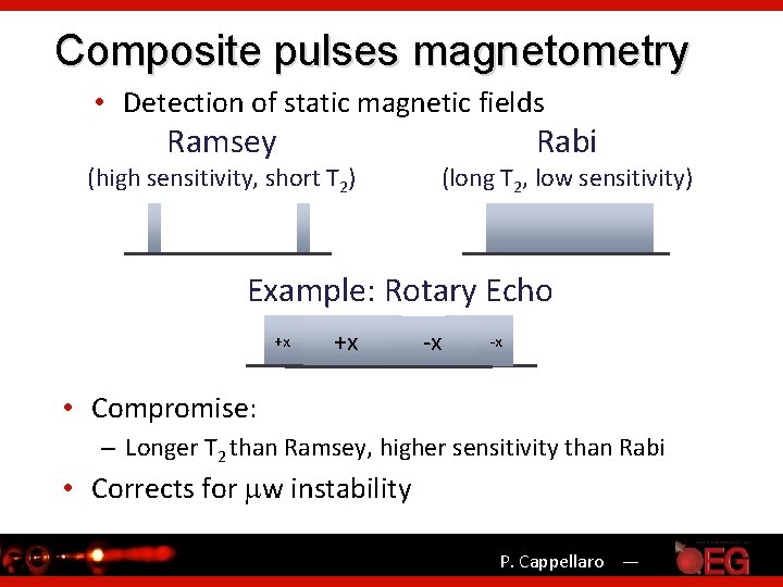 Composite pulses magnetometry • Detection of static magnetic fields Ramsey Rabi (high sensitivity, short