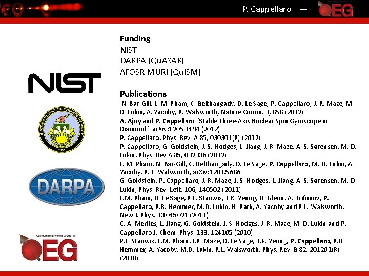 P. Cappellaro — Funding NIST DARPA (Qu. ASAR) AFOSR MURI (Qu. ISM) Publications N.