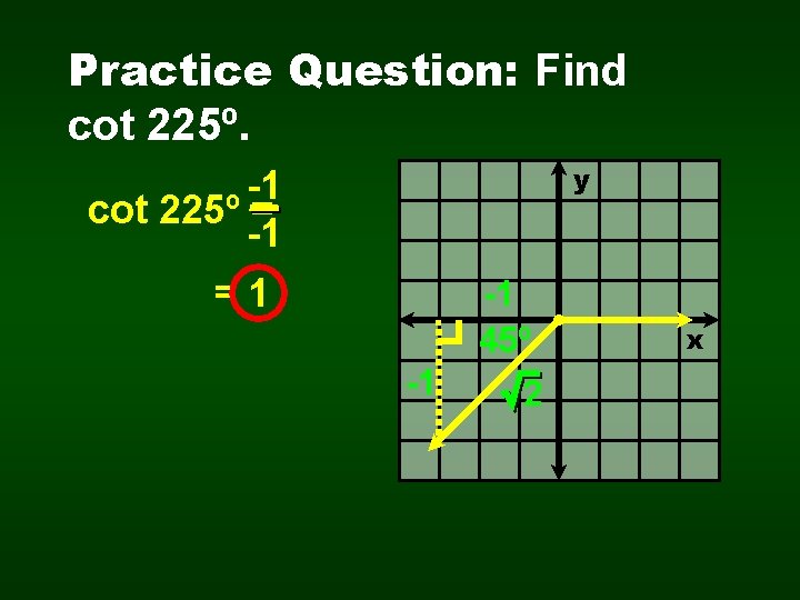 Practice Question: Find cot 225º. y -1 cot 225º = -1 =1 -1 45º