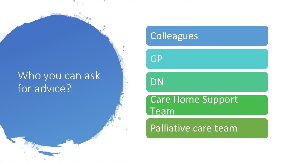 Colleagues GP Who you can ask for advice? DN Care Home Support Team Palliative