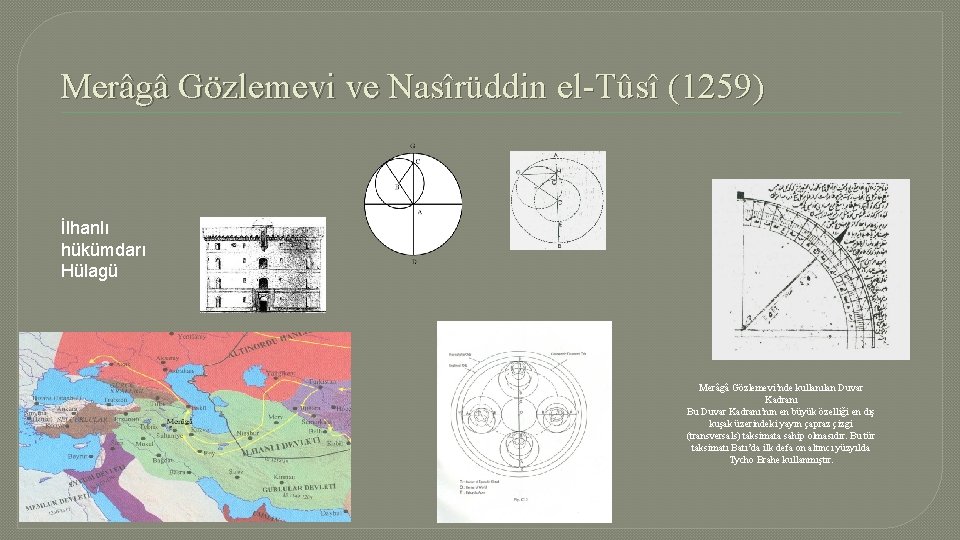 Merâgâ Gözlemevi ve Nasîrüddin el-Tûsî (1259) İlhanlı hükümdarı Hülagü Merâgâ Gözlemevi’nde kullanılan Duvar Kadranı